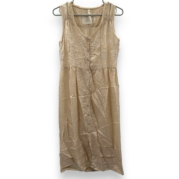 Vintage Johnny Was 100% Silk Eyelet Mesh Embroidered Midi Dress in Cream‎ Sz XS - Picture 1 of 9